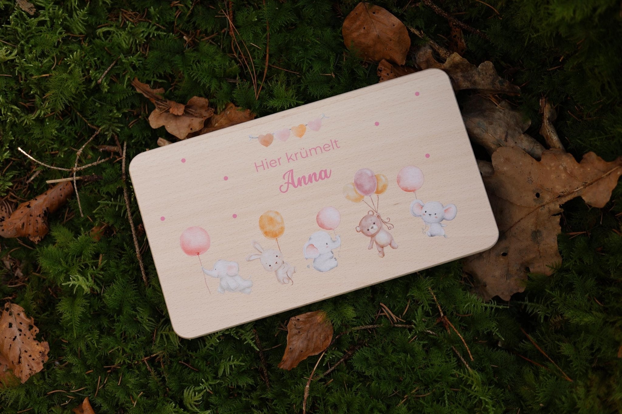 Brettchen Tiere mit Luftballons personalisiert - besonderlich.de - Babygeschenk