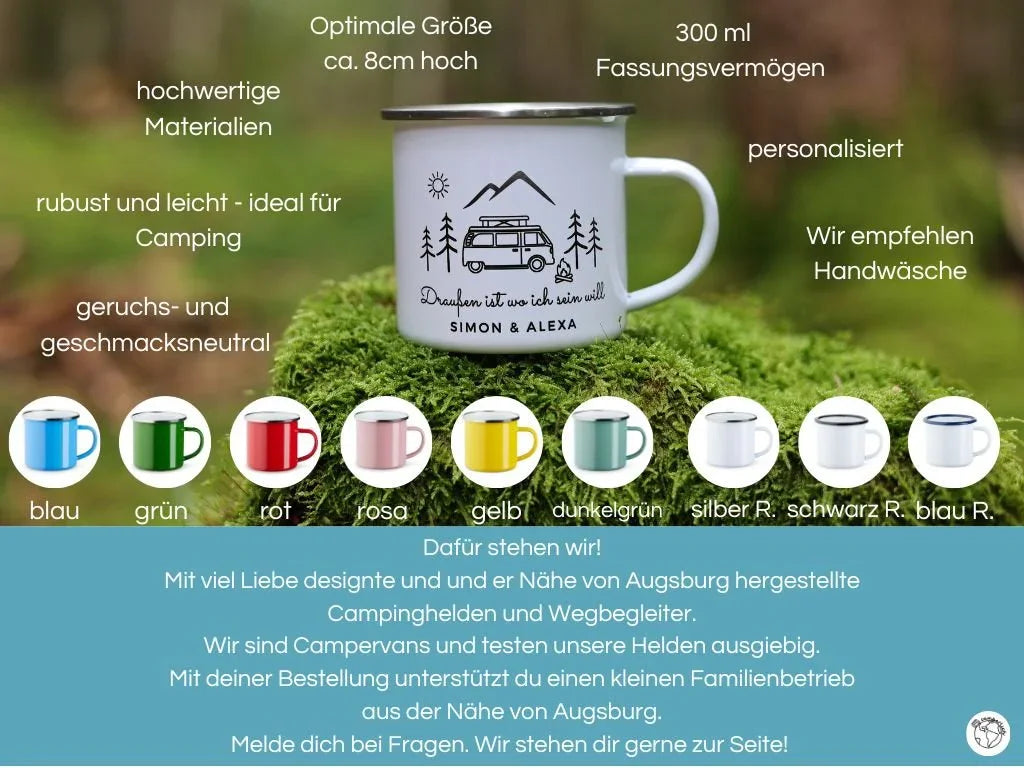 camping tasse personalisiert Emailletasse Camper mit Bergen und Wald personalisiert – Tasse pers... – besonderlich.de