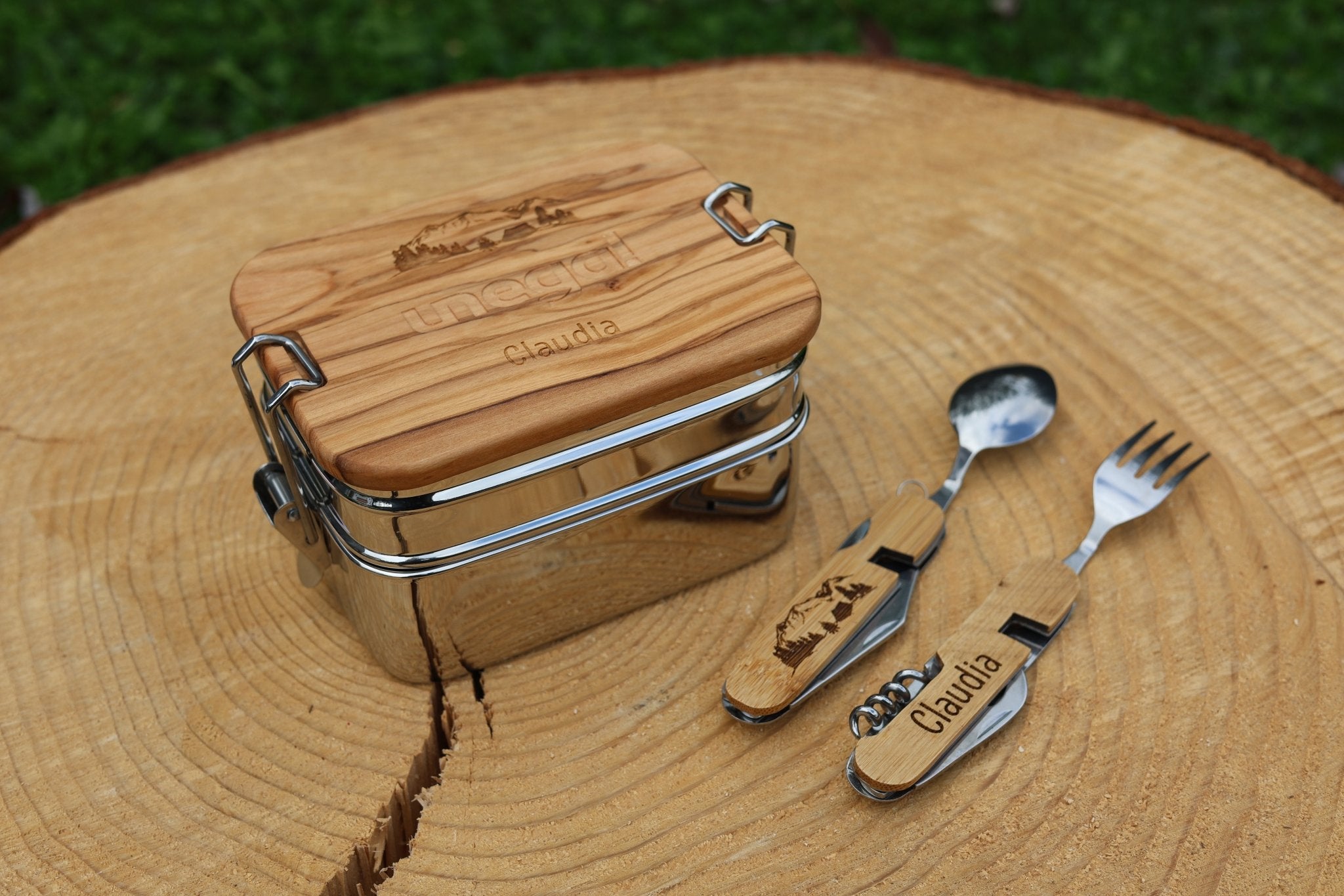 Set Lunchbox aus Edelstahl mit Olivenholzdeckel und Unterteilung - Camping - besonderlich.de - 30 geburtstag geschenk mann