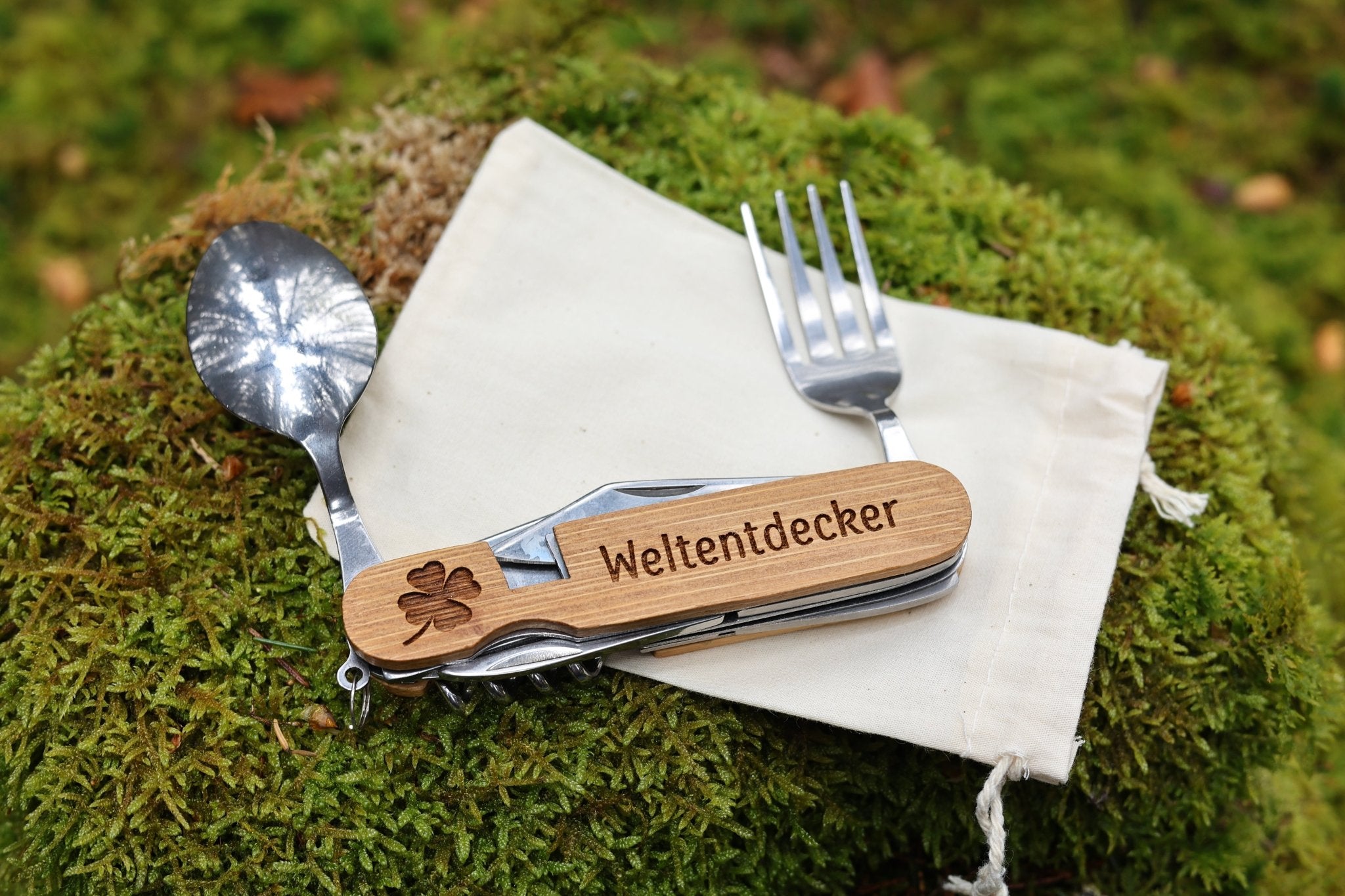 Wanderbesteck personalisiert - Weltentdecker Kleeblatt - besonderlich.de - 30 geburtstag geschenk mann